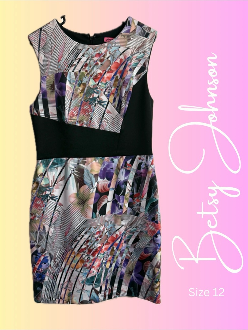 👗 Betsey Johnson Black & Multicolor Floral Geometric Sheath Dress